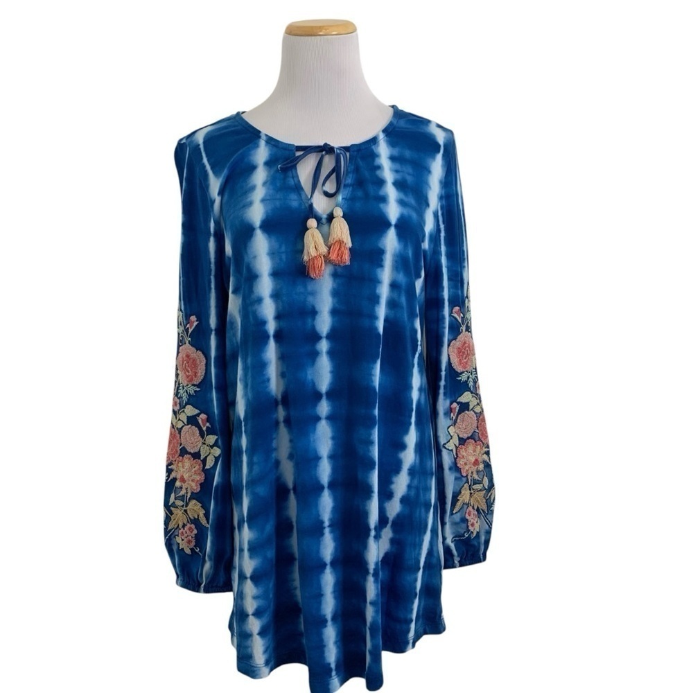 Soft Surroundings Tie Dye Embroidered Tunic Top Colorful Womens M Modal Floral